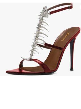 Wansseny Red Open Pointed Toe Fishbone Rhinestones Sandals Ankle Strap Shoes